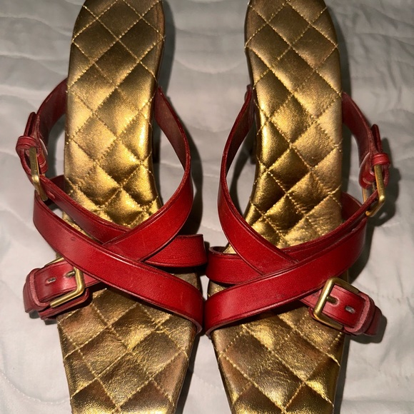 Yves Saint Laurent Red and Gold Strappy Sandals - Picture 3 of 8